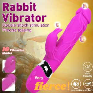 10 Vibration Modes with G Spot Clitoral Dual Massage Rabbit Shaped Vibrator, - Rose Red-1